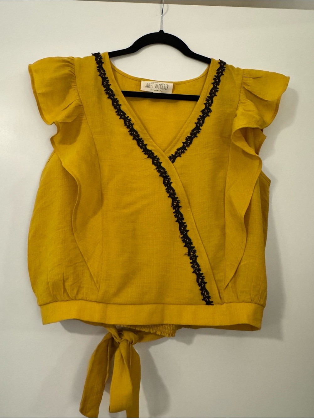 Sweet Wanderer Mustard Yellow Wrap Tie-Back Ruffle Sleeve Top